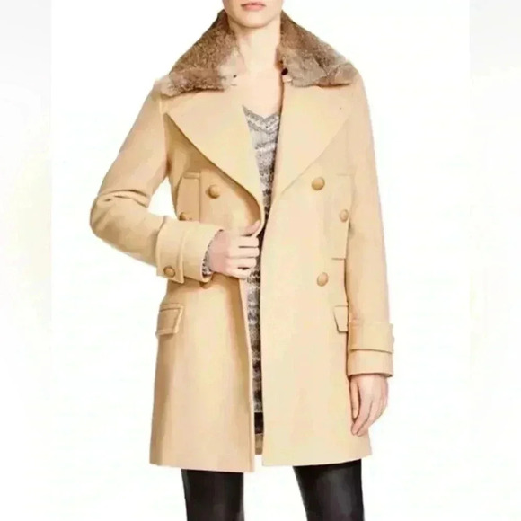 $995 Vince Rabbit Fur Collar Wool Blend Coat, Almond Size 2 - Picture 1 of 15